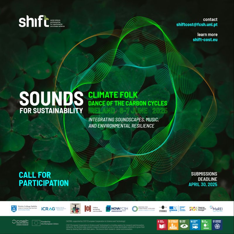 A flyer for the Sounds for Sustainability event with a background of shamrocks